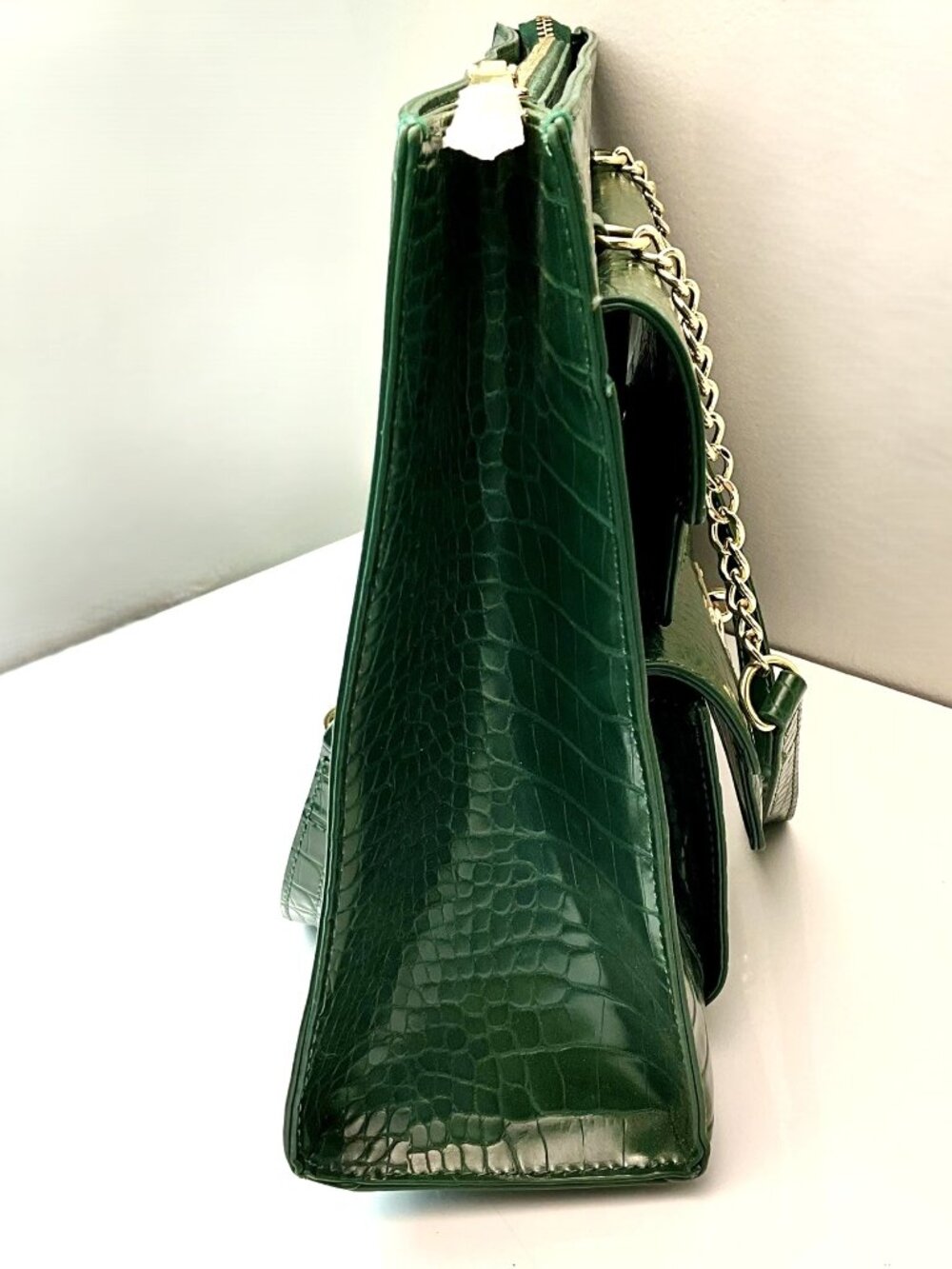 Love Moschino  Green Croc Embossed Leather Tote Bag Gold Chain Heart Lock - Picture 4 of 11